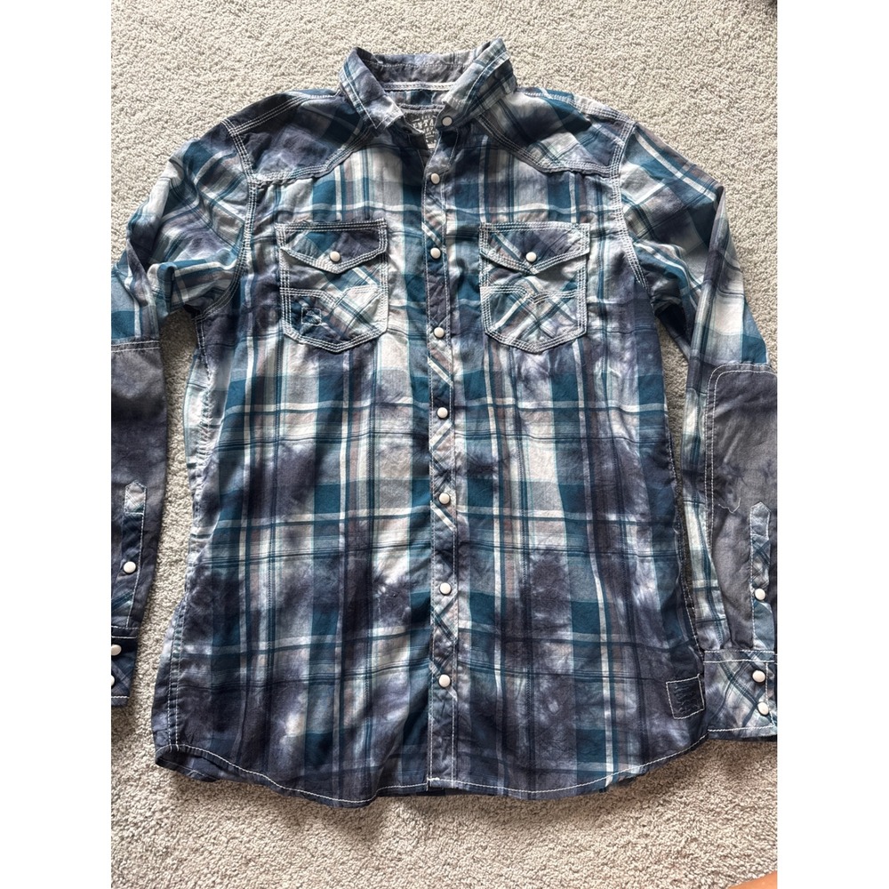BKE Vintage Mens Large Teal Plaid Acid Wash Western Pearl Snap Shirt Check.
